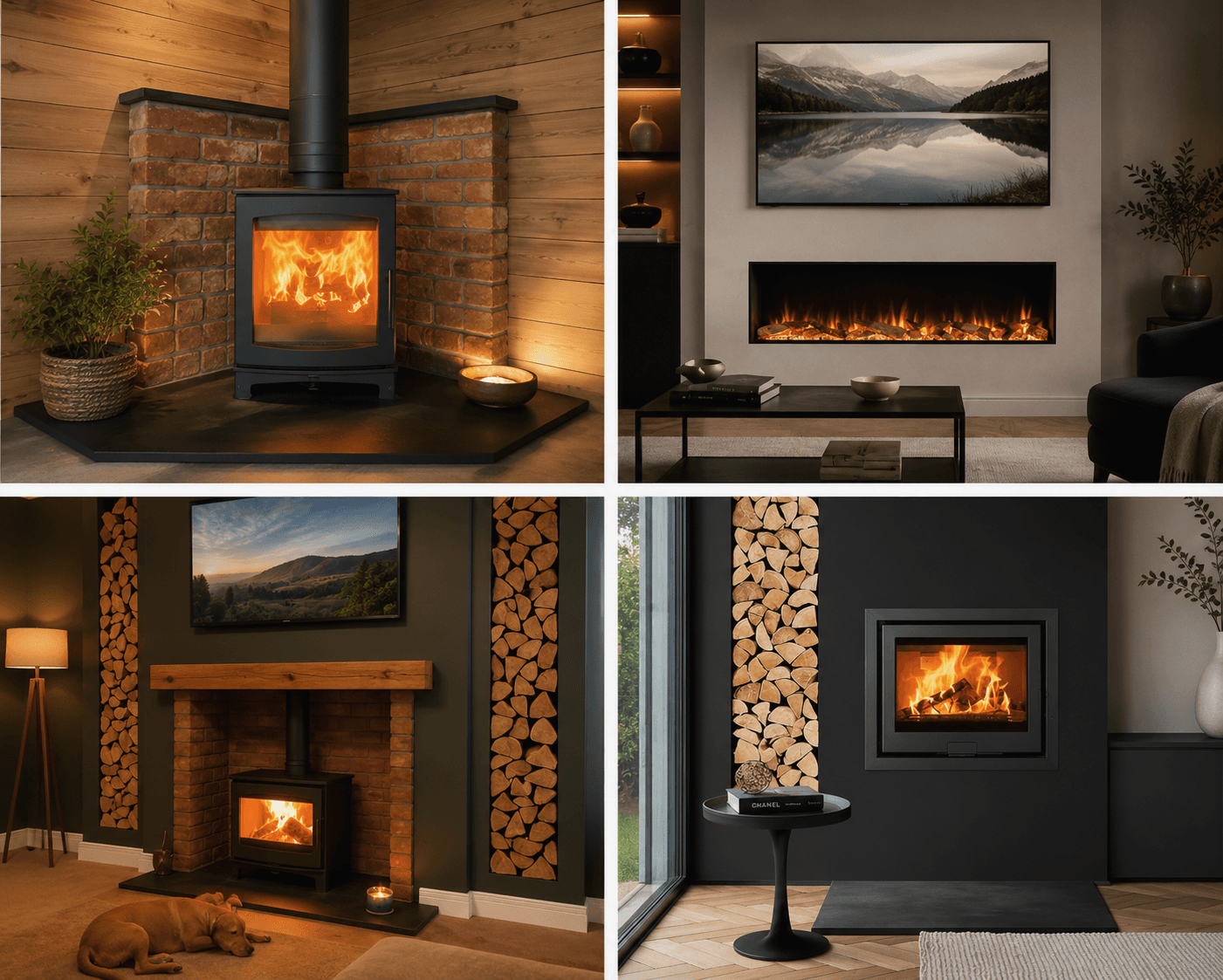 A curated grid of fireplace, stove, and media wall inspiration