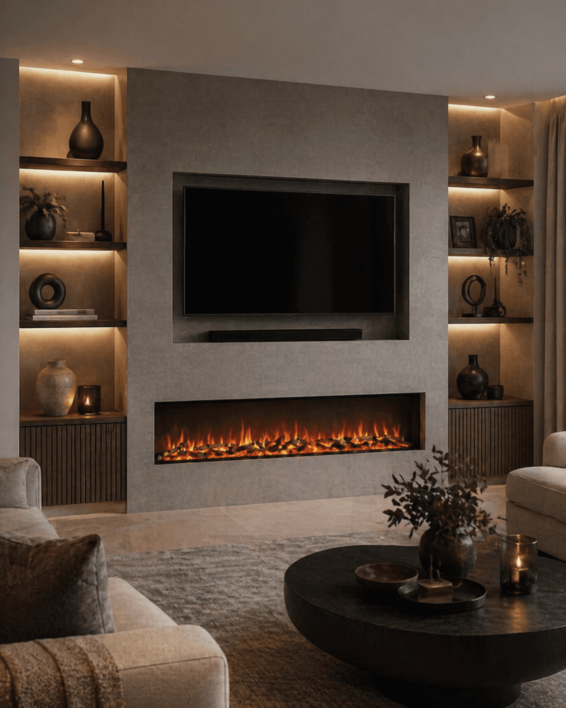 Media wall fireplace designed as a modern focal point