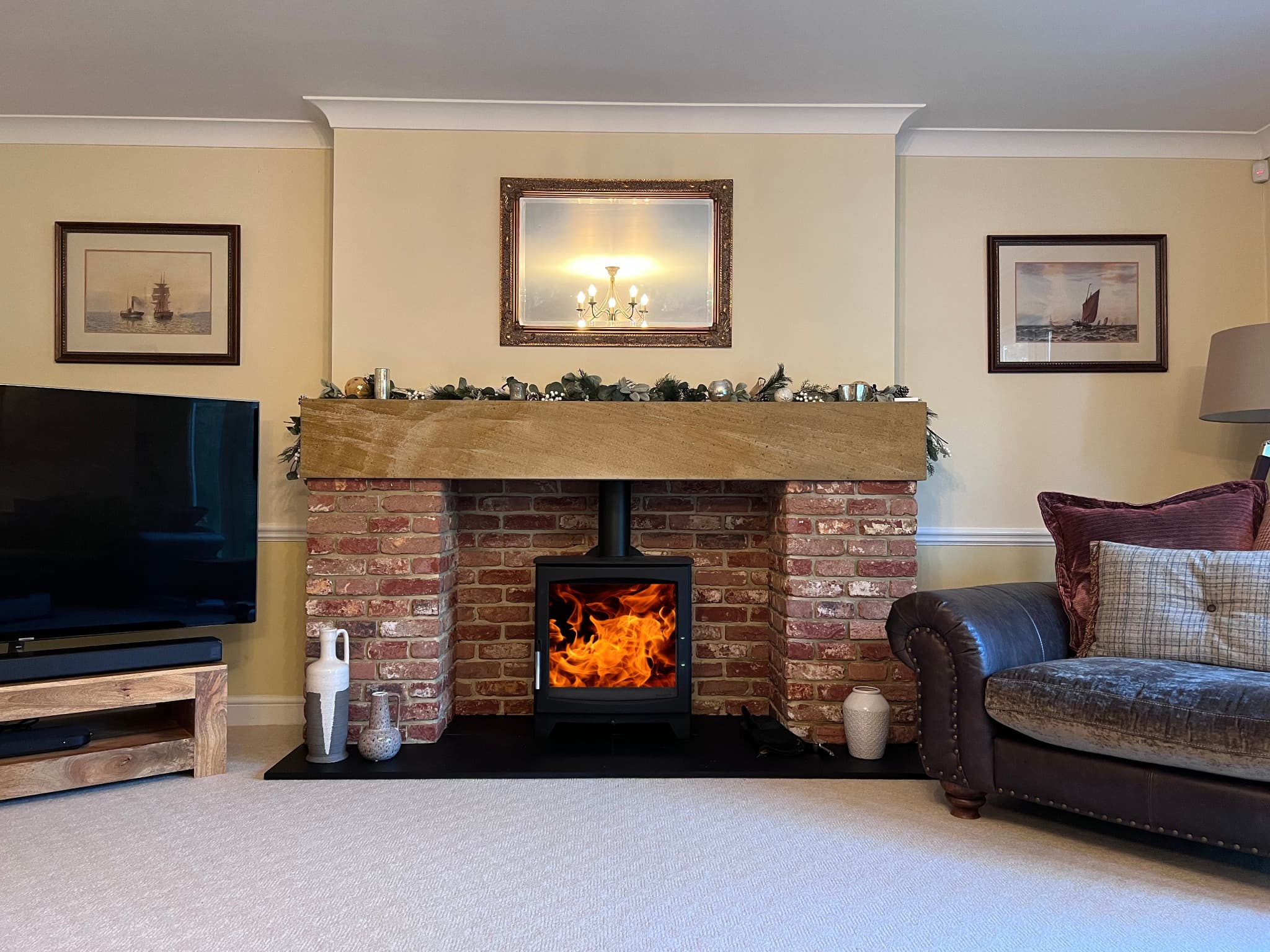 Custom Brick Fireplace with Parkray Aspect 8 Stove view 2