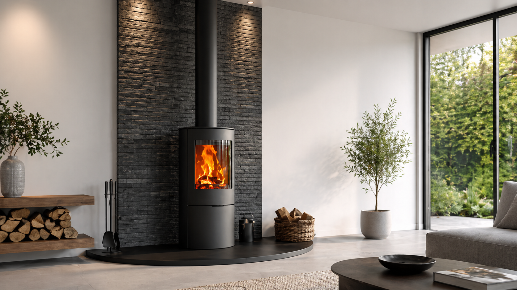 Black cylindrical stove with stone backdrop inspiration