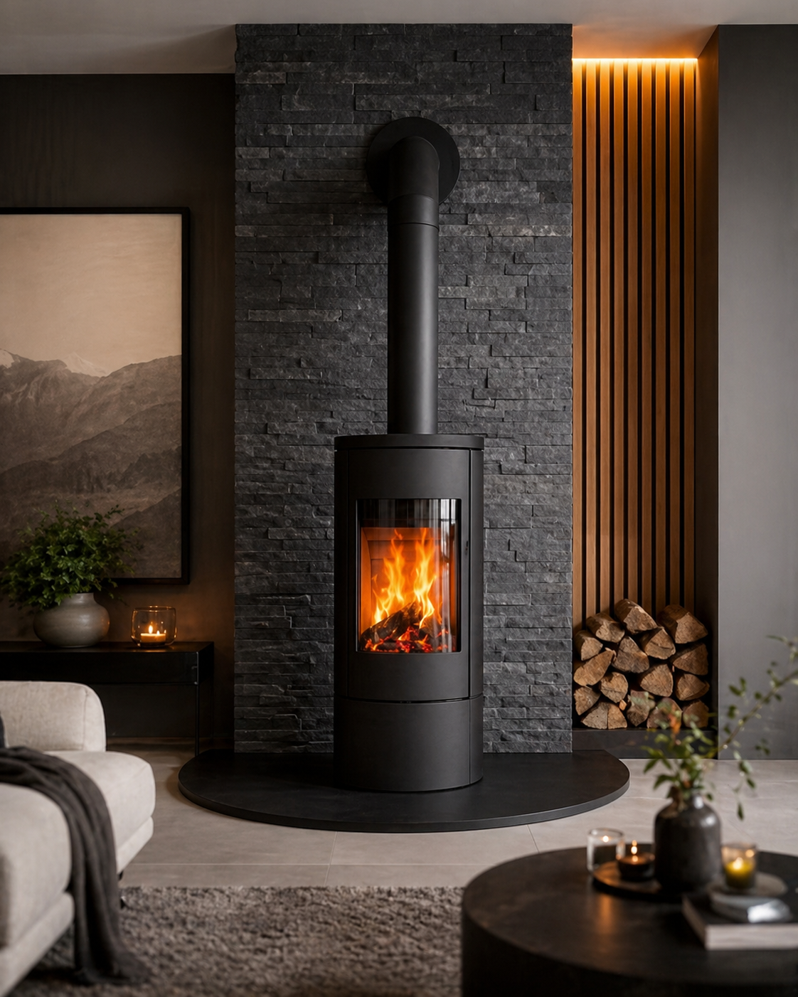 Premium stove installation in a dark stone fireplace setting