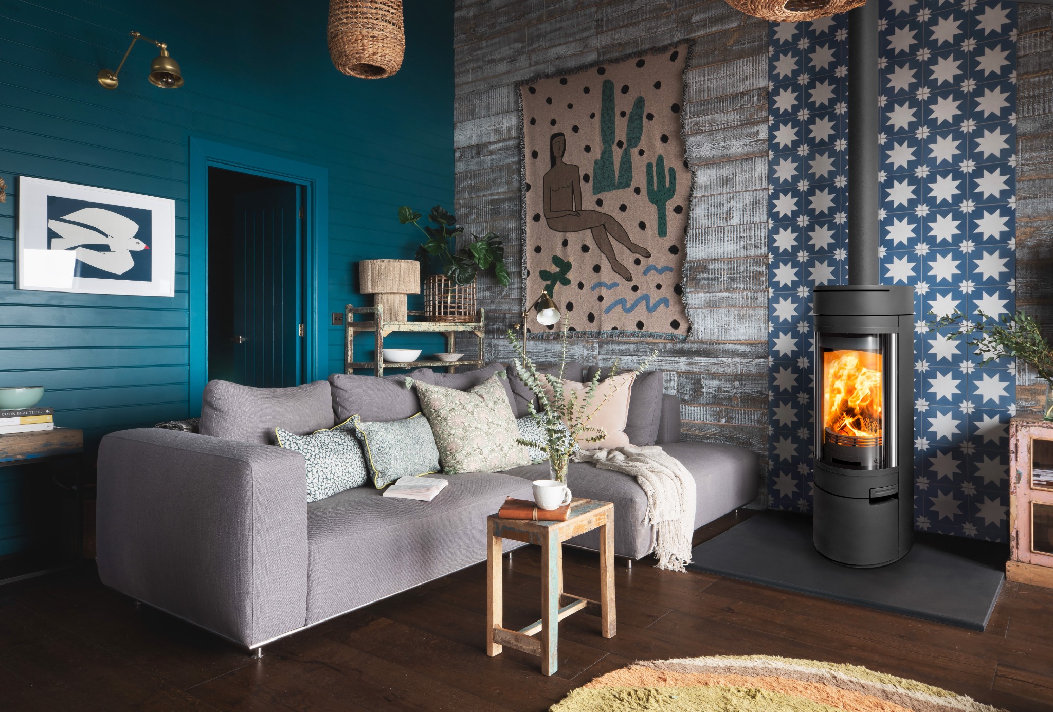Halo radial stove in a patterned living room