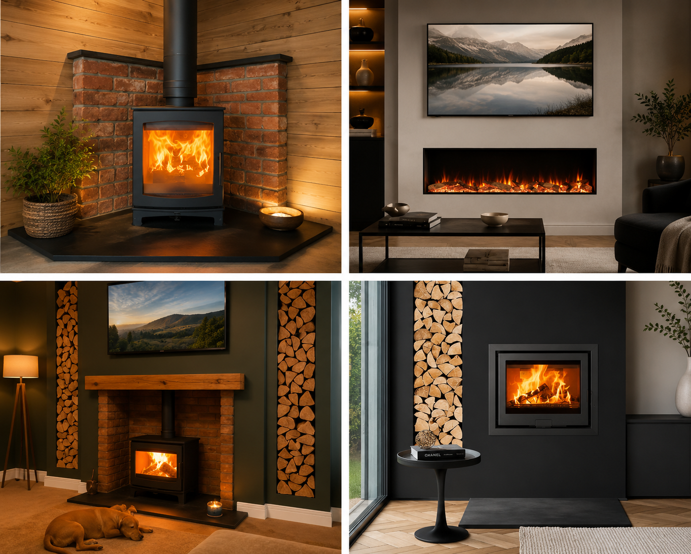 A curated grid of fireplace, stove, and media wall inspiration
