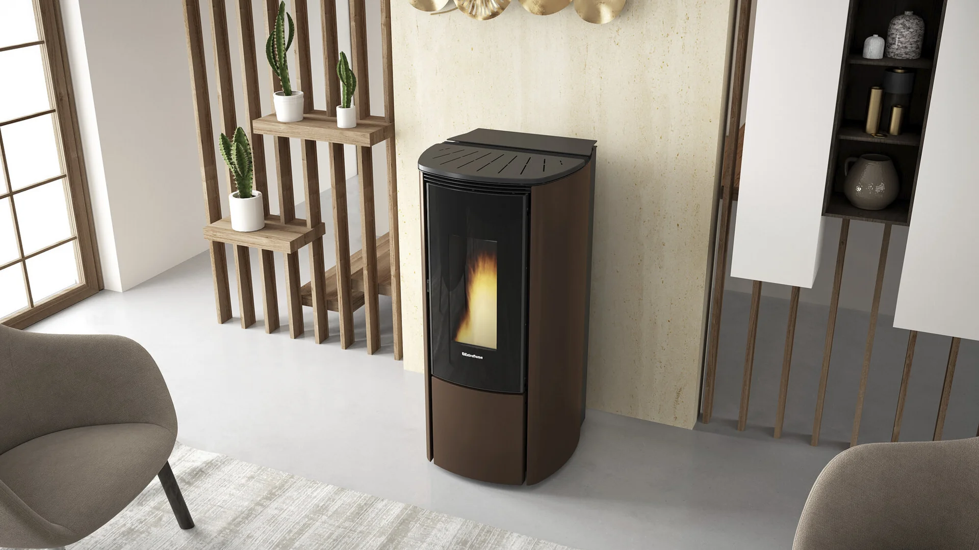Bronze pellet stove in a modern interior setting