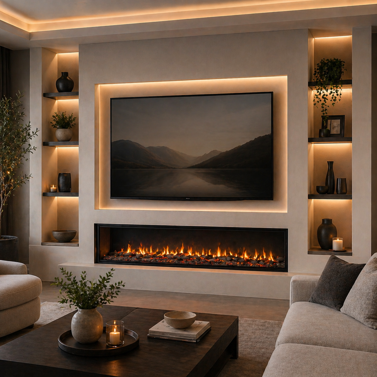 Luxury panoramic media wall fireplace inspiration