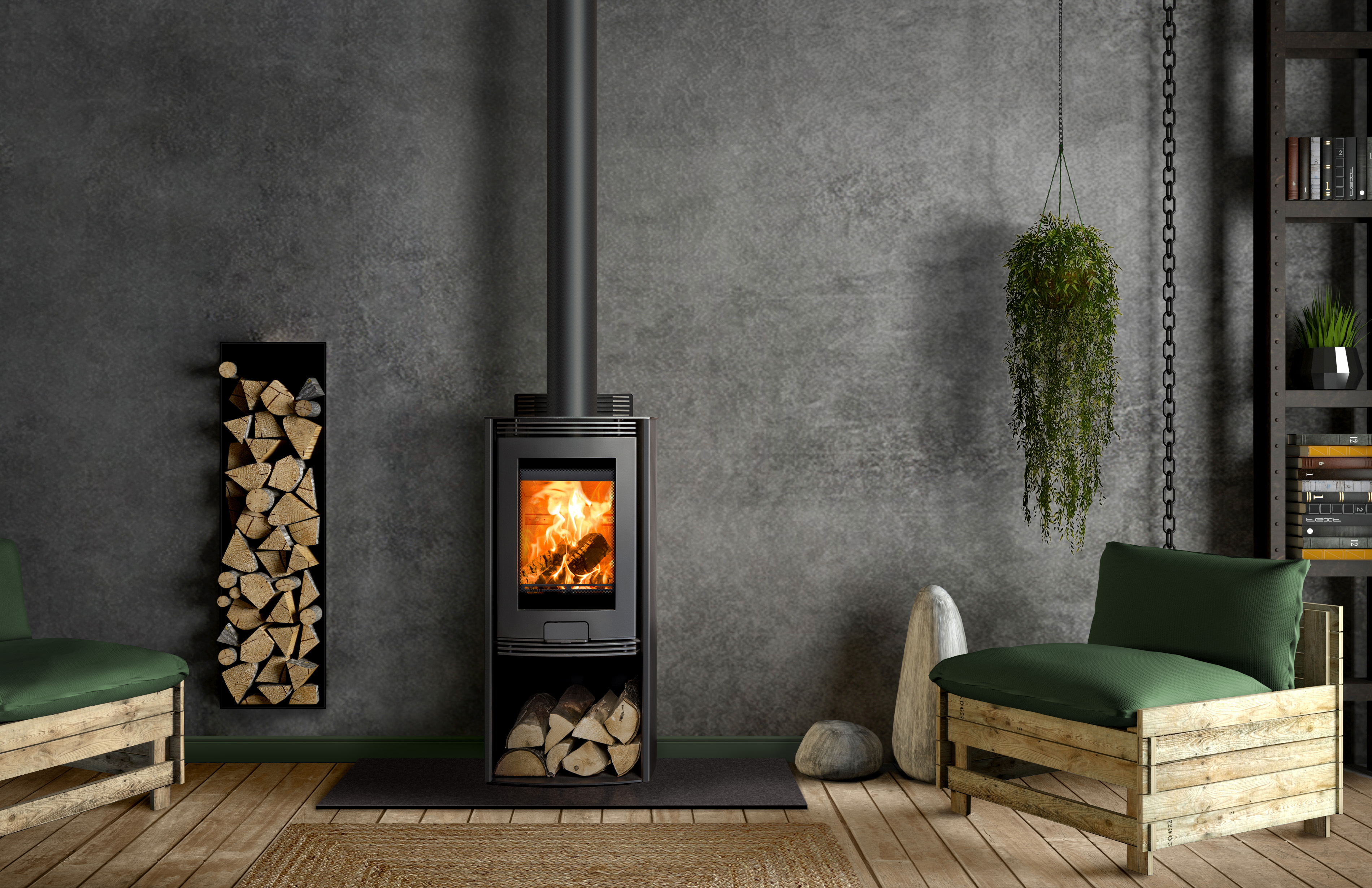 Real wood burning stove roomset used for showroom guidance