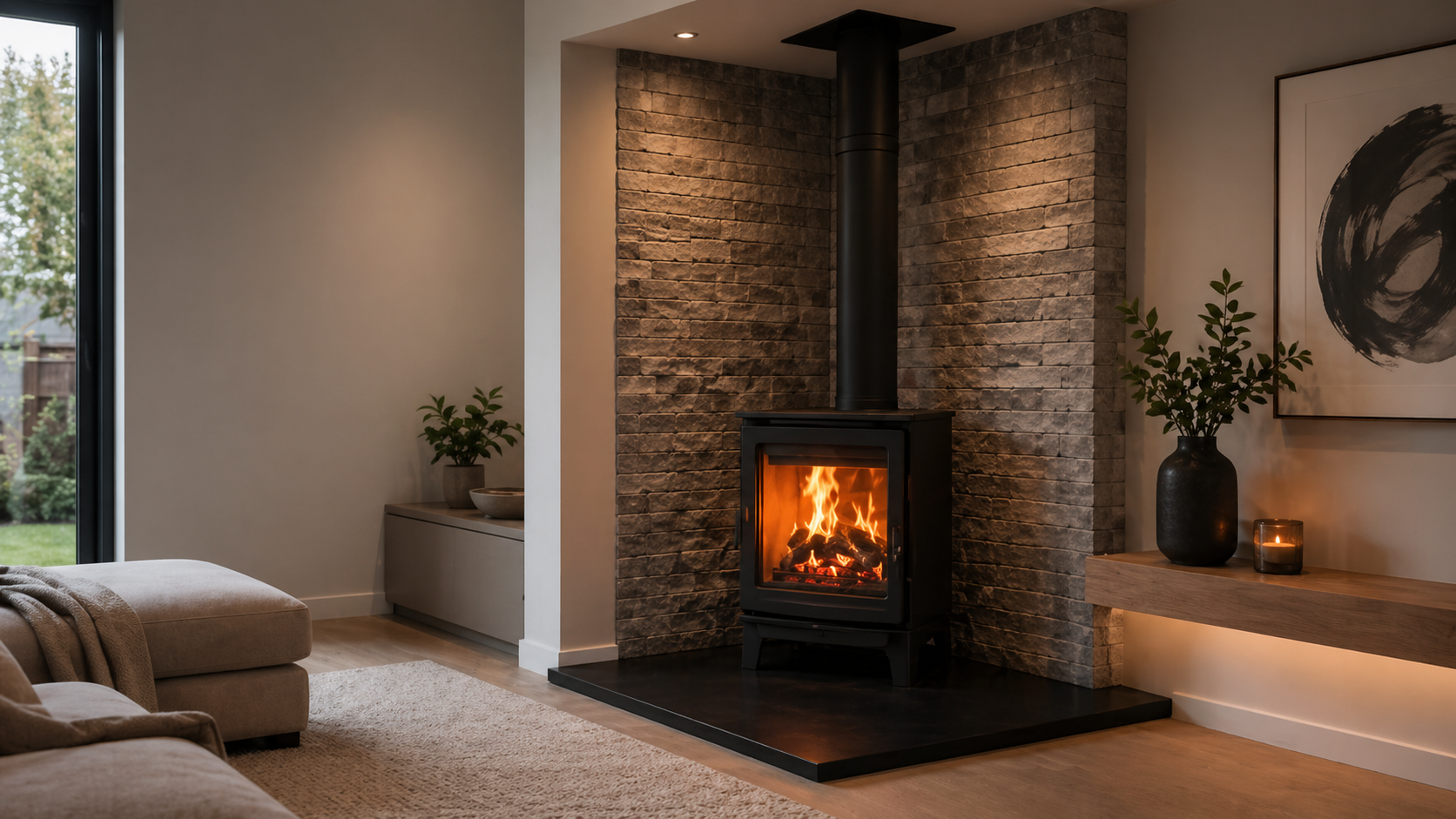 Warm timber garden room stove installation inspiration