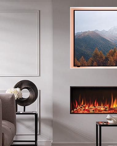 TV wall with electric fire and display shelving