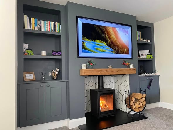 Bespoke Alcove Units and Media Wall in Stiffkey Blue
