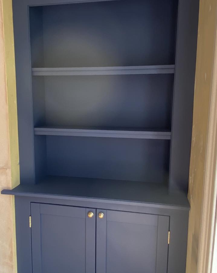 Bespoke Alcove Units and Media Wall in Stiffkey Blue