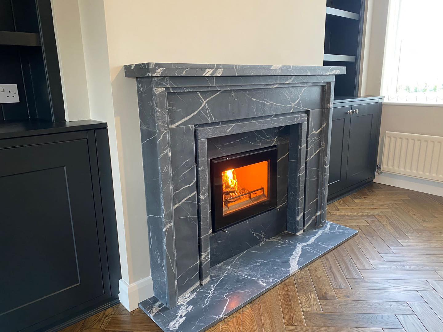 Blyth Bespoke Fireplace Wall with Marble Surround and Bookcases