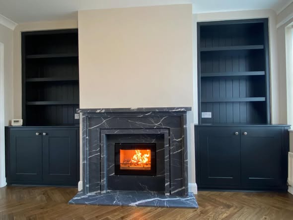 Blyth Bespoke Fireplace Wall with Marble Surround and Bookcases