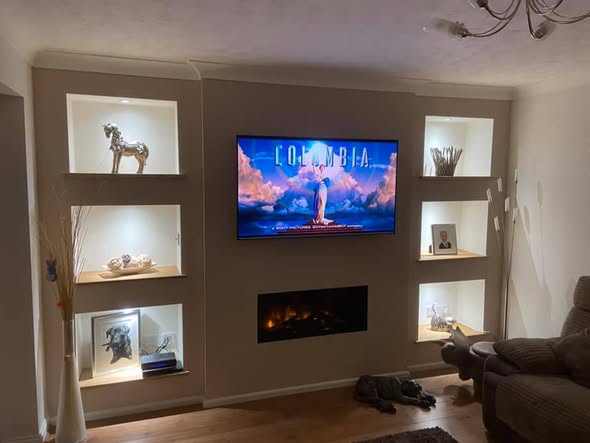 Vision VEL90 Electric Media Wall with Oak-Lined Display Boxes