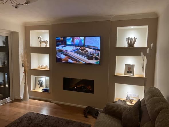 Vision VEL90 Electric Media Wall with Oak-Lined Display Boxes