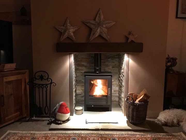 Bowfell Stove Fireplace Makeover with Lit Beam